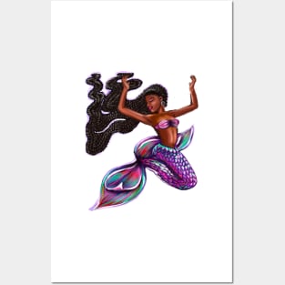 mermaid with flowing braids 2, brown eyes curly Afro hair and caramel brown skin. Black mermaid Posters and Art